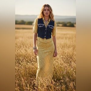 Vintage Willowbend Floral Skirt Denim Vest Button‎ Down Shirt Size Medium Spring